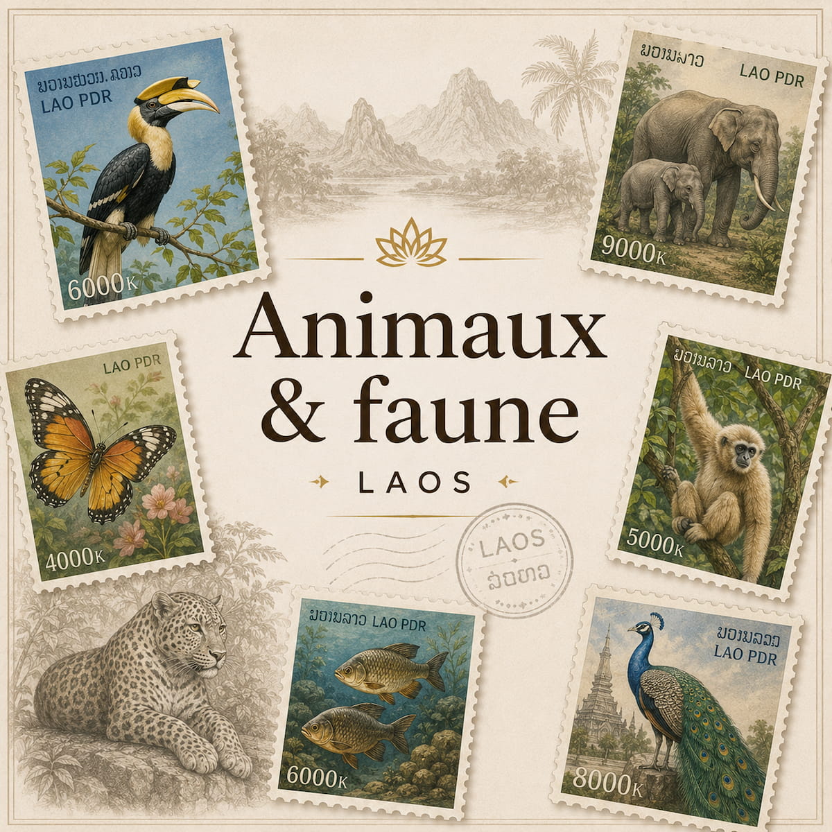 Animaux et faune du Laos illustrés sur des timbres philatéliques