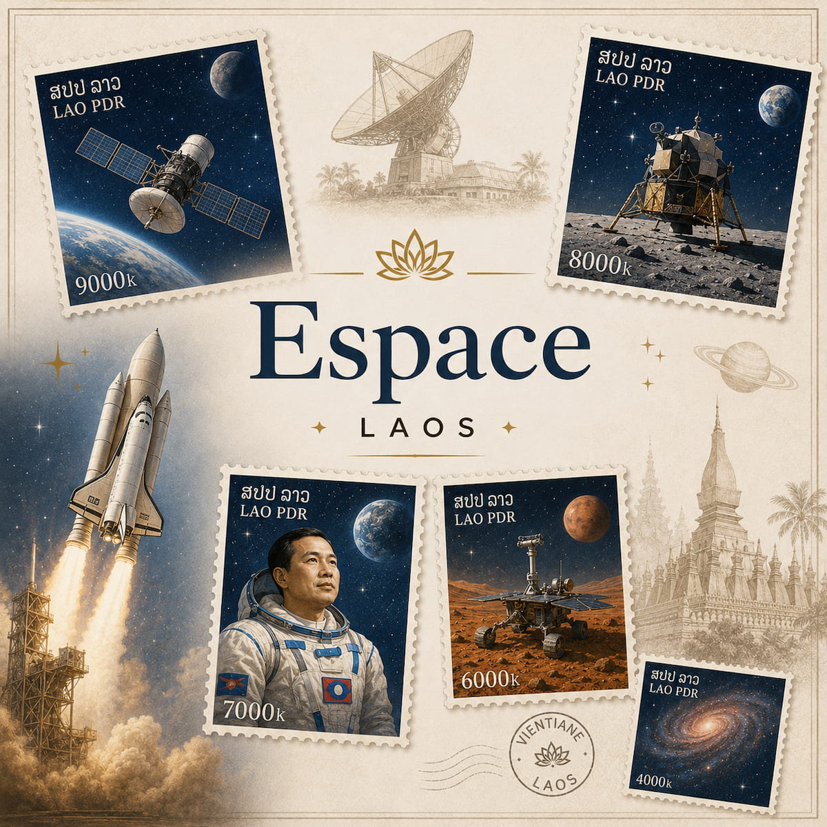 Espace et exploration spatiale du Laos illustrés sur des timbres