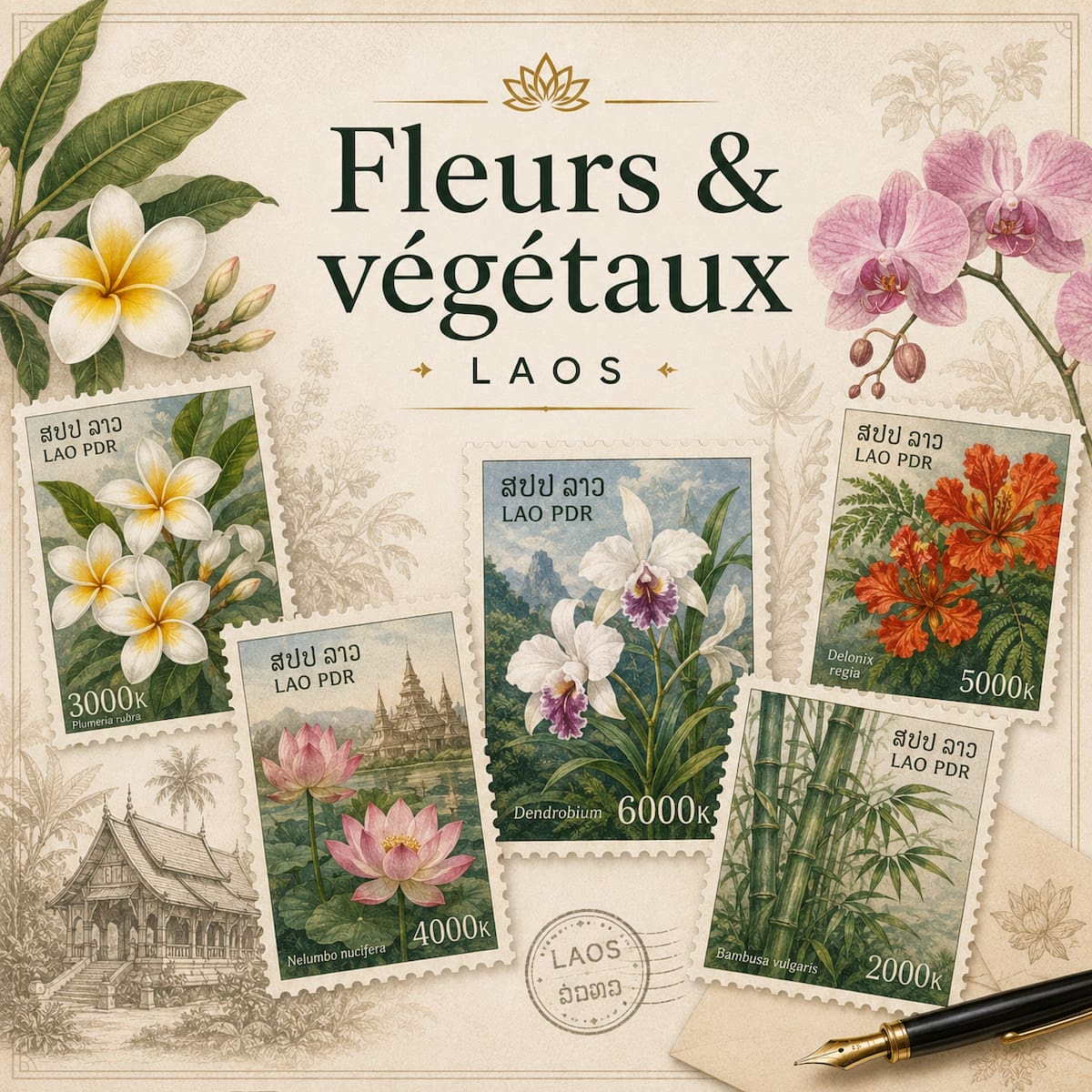 Fleurs et végétaux du Laos illustrés sur des timbres philatéliques