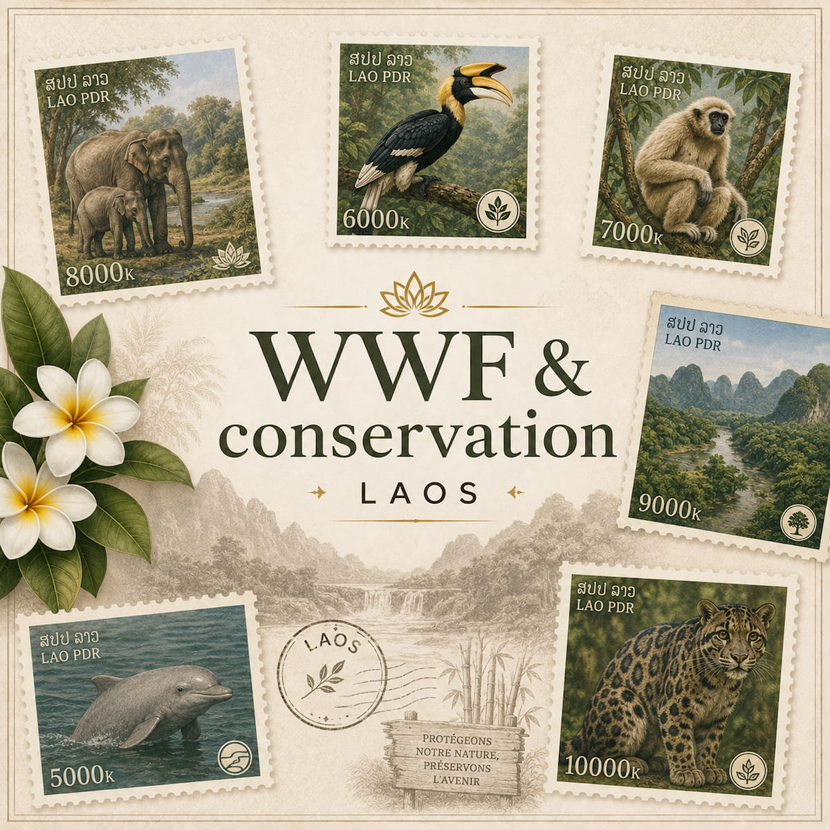 WWF et conservation de la faune du Laos sur timbres philatéliques