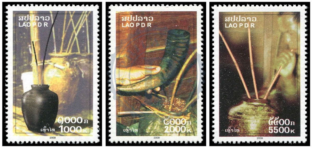 Timbres du Laos Alcool de riz Lao-Lao et jarres traditionnelles, série de timbres, MNH 2009