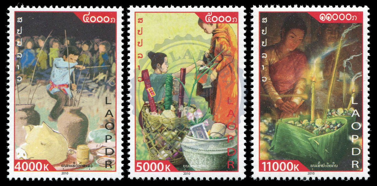 Laos série de timbres offrande de riz aux moines MNH 2010