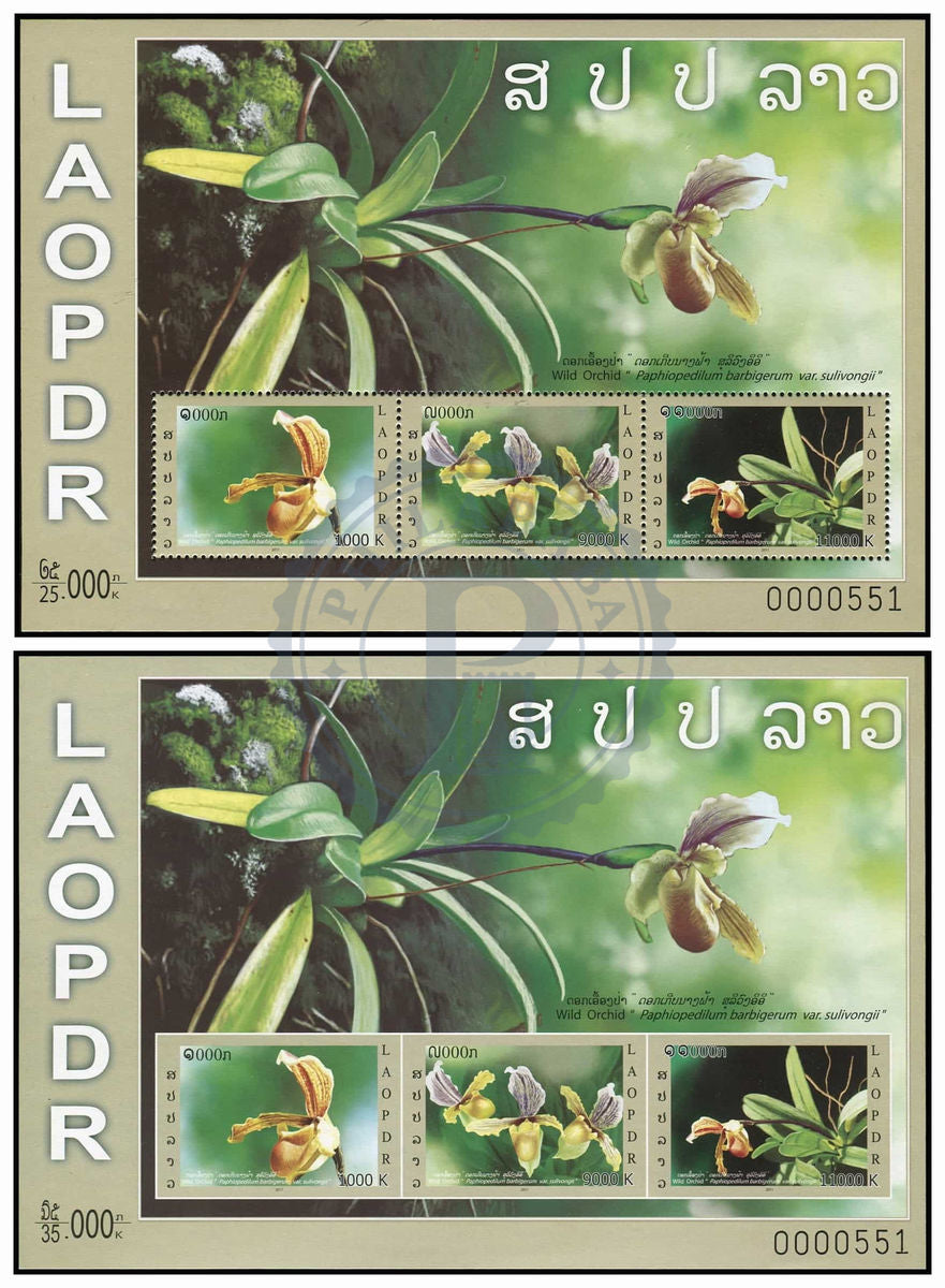 Timbres du Laos Orchidées sauvages, paire de blocs-feuillets, MNH 2011