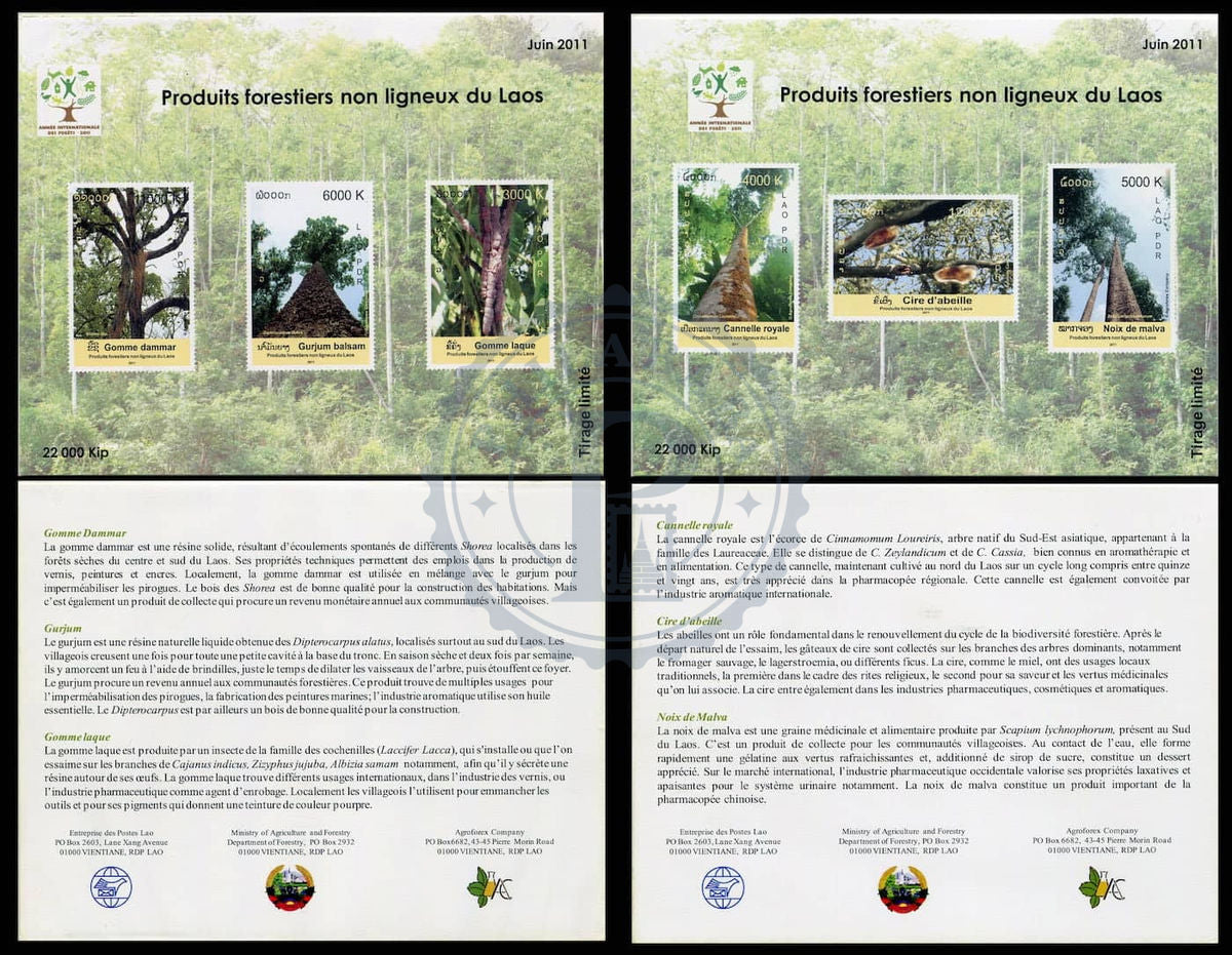 Timbres du Laos Année internationale des forêts, paire de blocs-feuillets, MNH 2011