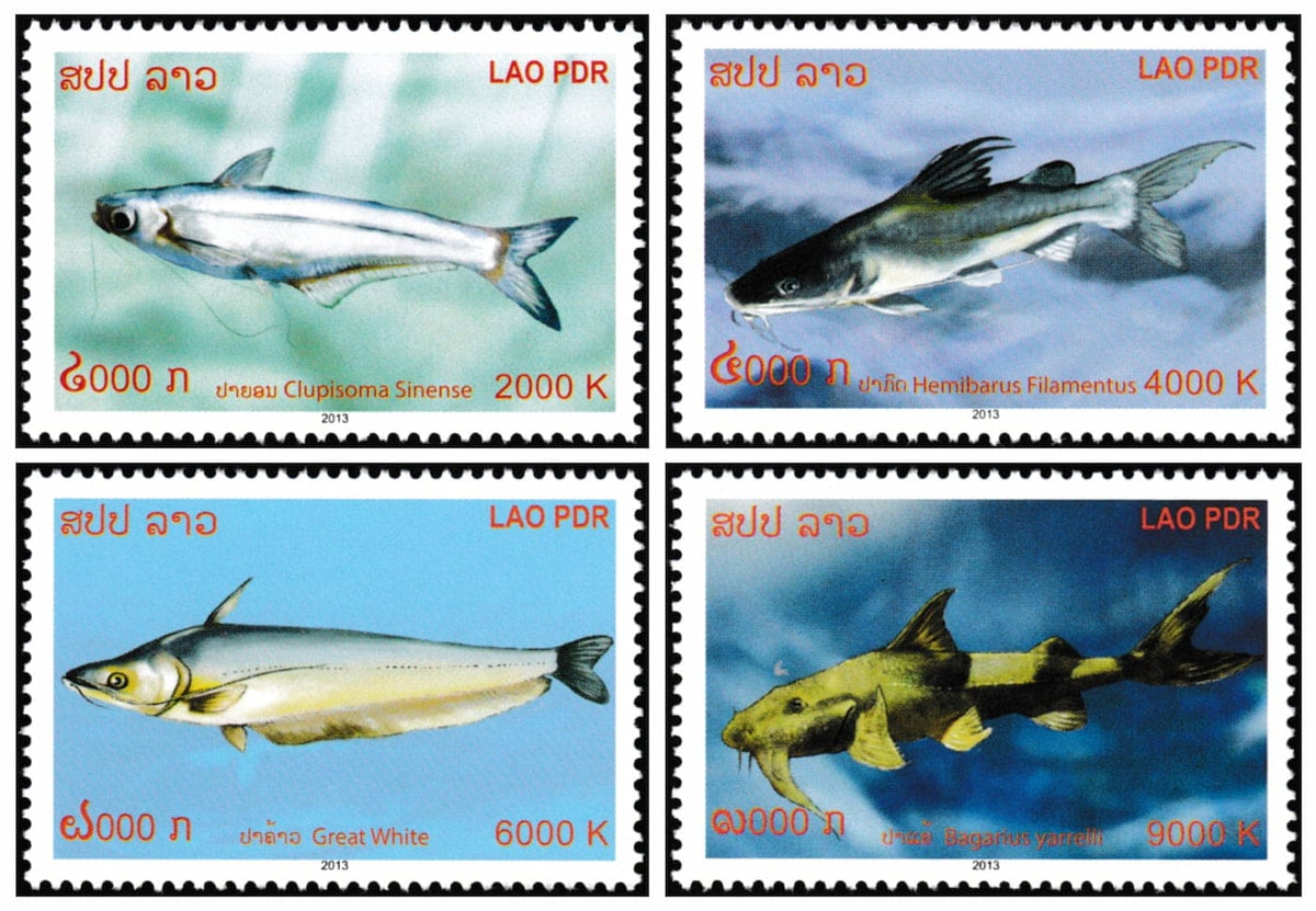 Série de timbres Laos poissons-chats du Mékong MNH 2013