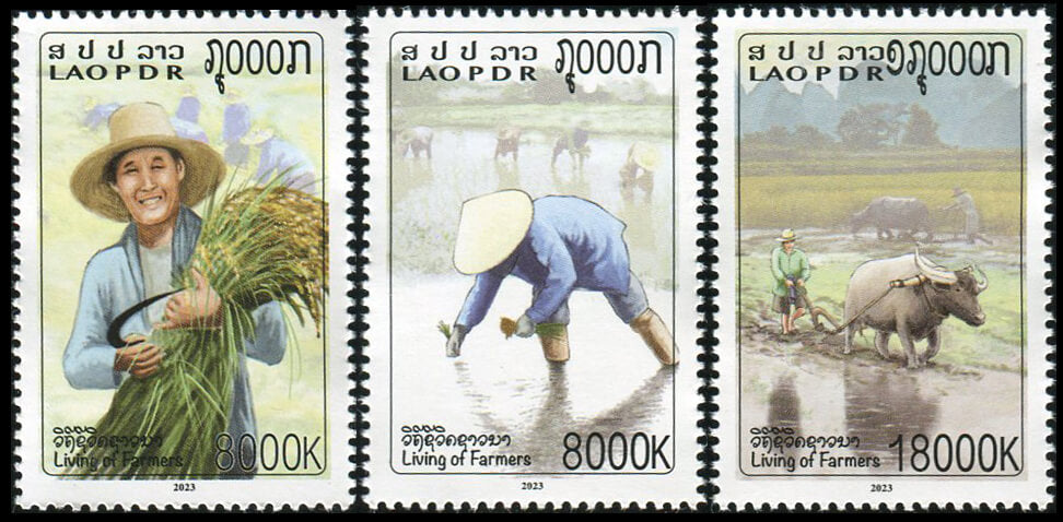 Série Laos représentant la vie quotidienne des riziculteurs, trois timbres MNH 2023
