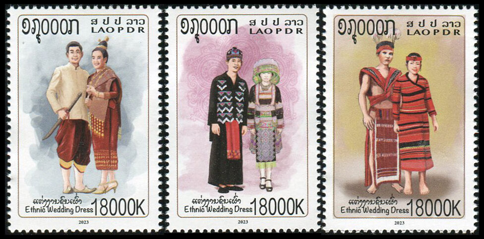 Série Laos représentant des vêtements de mariage traditionnels, trois timbres MNH 2023