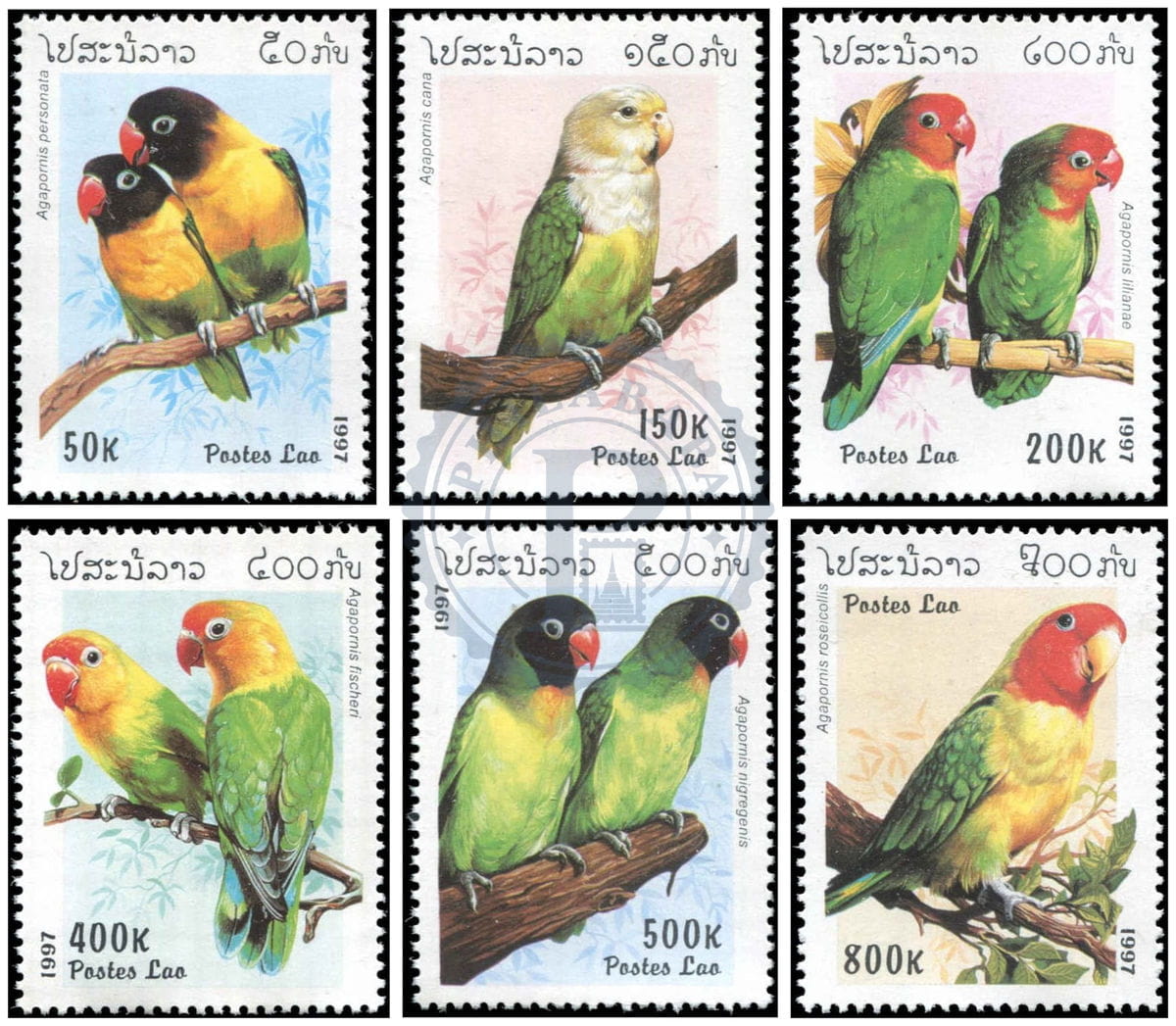 Laos Oiseaux, Inséparables, série de timbres, état MNH, émission 1997, collection Philababa